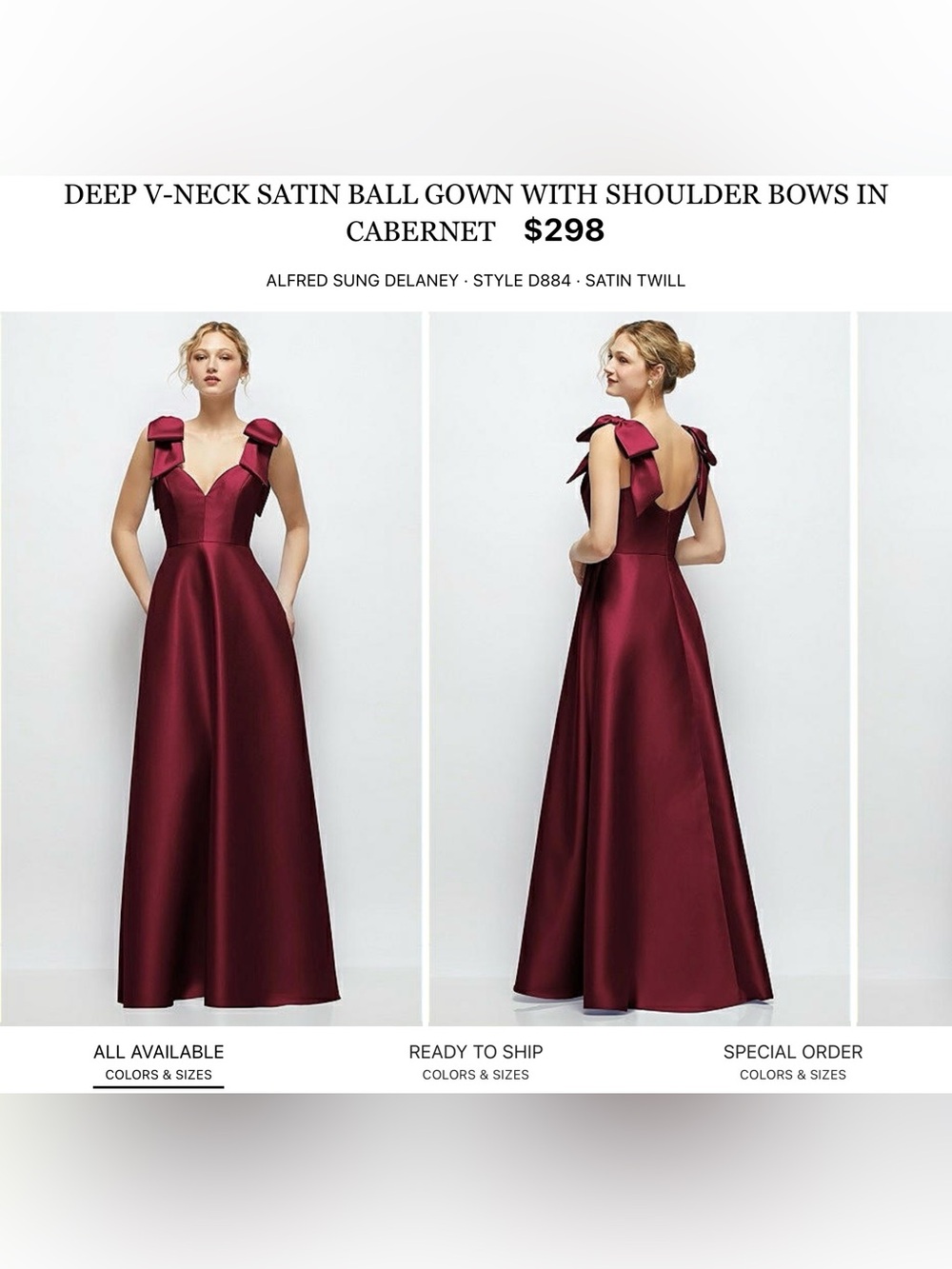 ALFRED SUNG Cabernet Satin Deep V-Neck Ball Gown with Shoulder Bows
